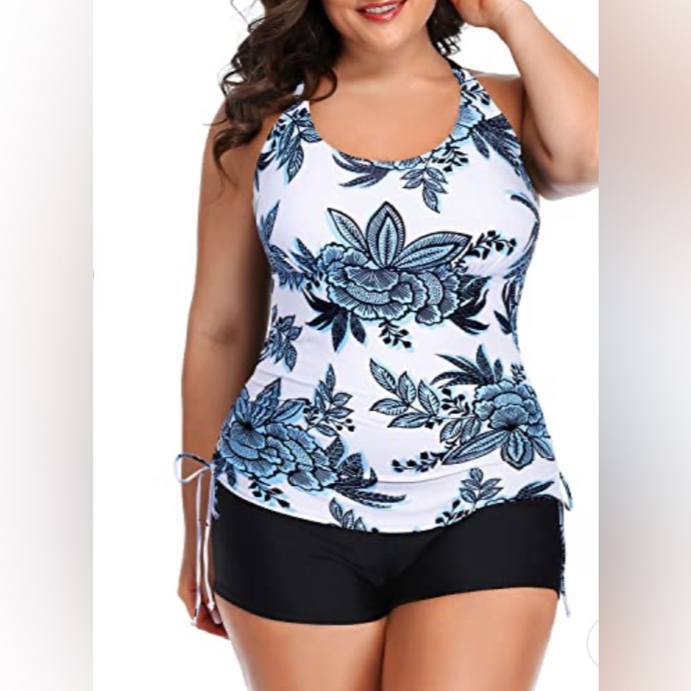 Women’s Plus Size Swimsuit Adjustable Straps Shorts-White And Blue Size XXL - Picture 2 of 7